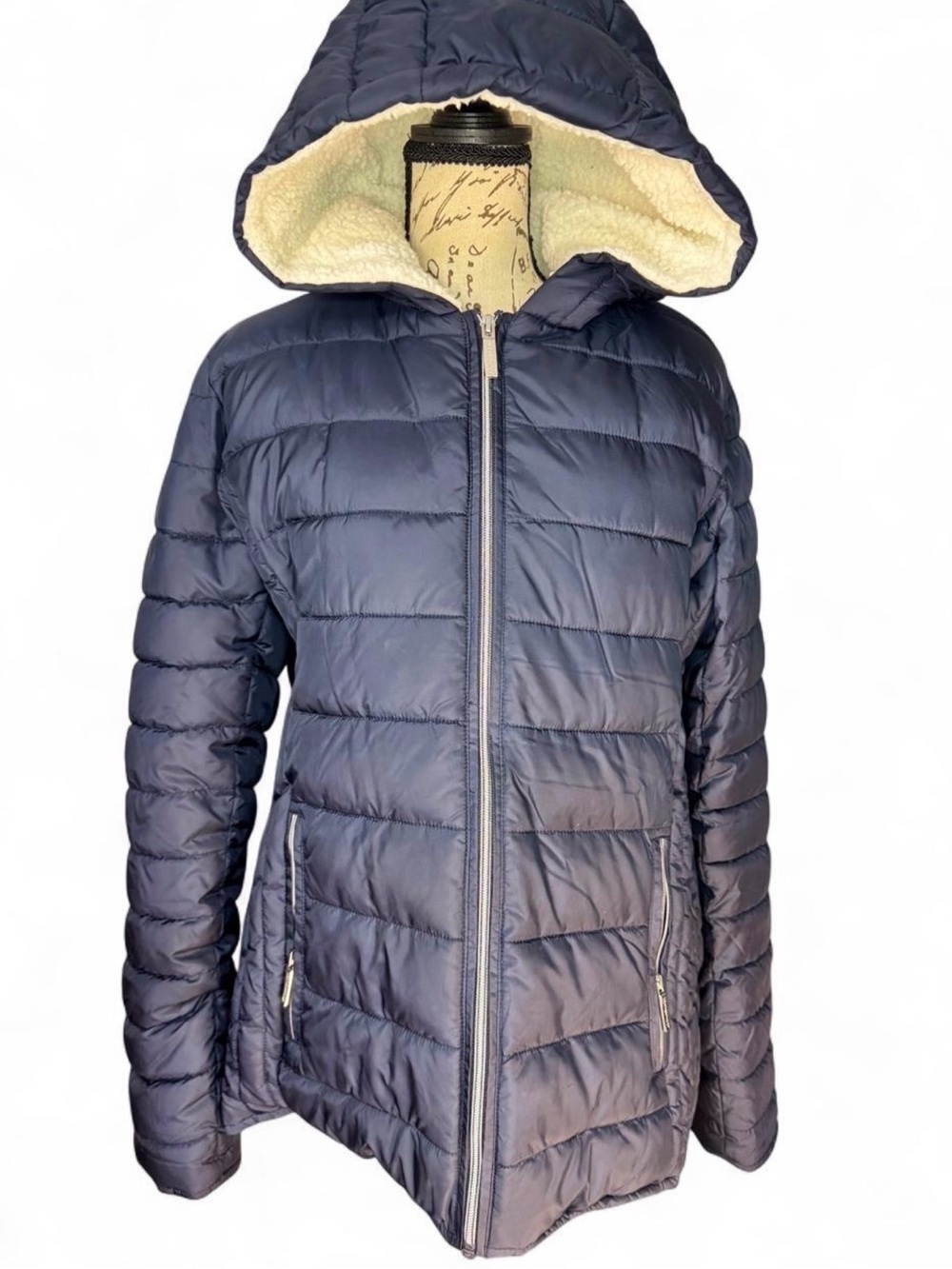 Weatherproof Navy Quilted Hooded Puffer with Sherpa Lining